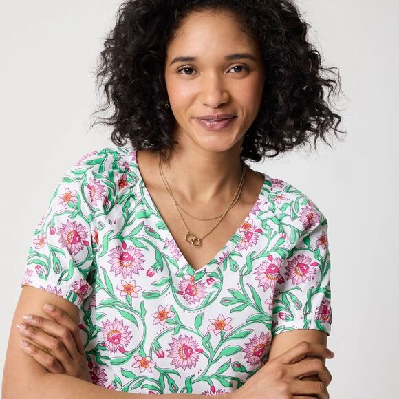 J. Crew Blouse Cotton poplin top Pink Green Floral White Lotus Bloom Medium M - Picture 5 of 14